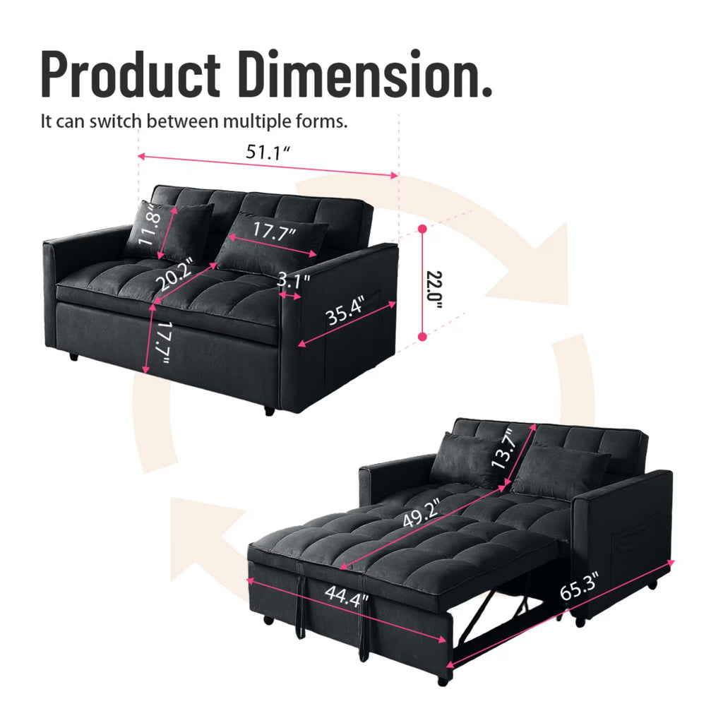 51.1 Inch Convertible Sofa Bed, Velvet Loveseat Sofa with Foldable Sofa Bed, Sleeper Sofa for Living Room or Office, Futon Sofa with Adjustable Backrest.Black