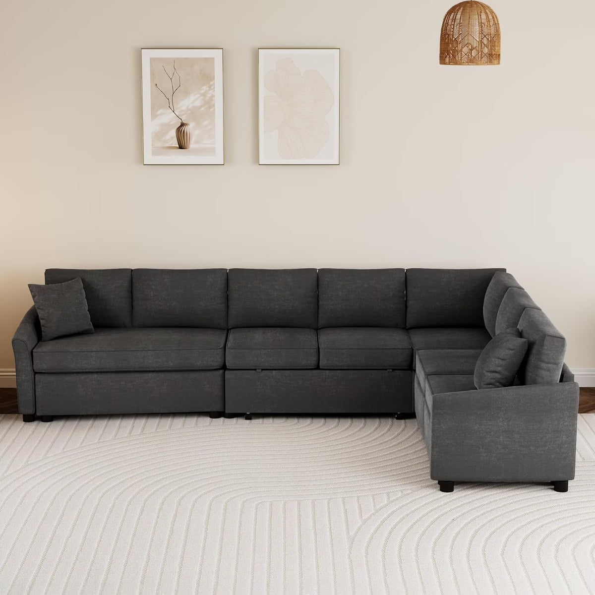 124.8"L-Shaped Modular Sofa Convertible Sofa Bed Pull Out Sofa Sleeper Couch with Two Back Pillows, Two USB Ports and Two Power Sockets for Living Room