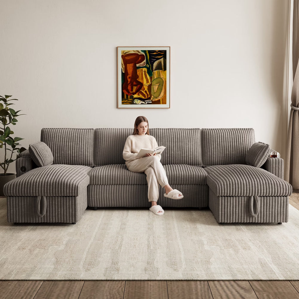 Modular Sectional Sofa,Modern Chenille U-Shaped Sofa Couch with Pull Out Bed,Storage Seat,Usb, Cup Holder,Side Pocket,Cloud Couch Bed for Living Room, Apartment,Brown