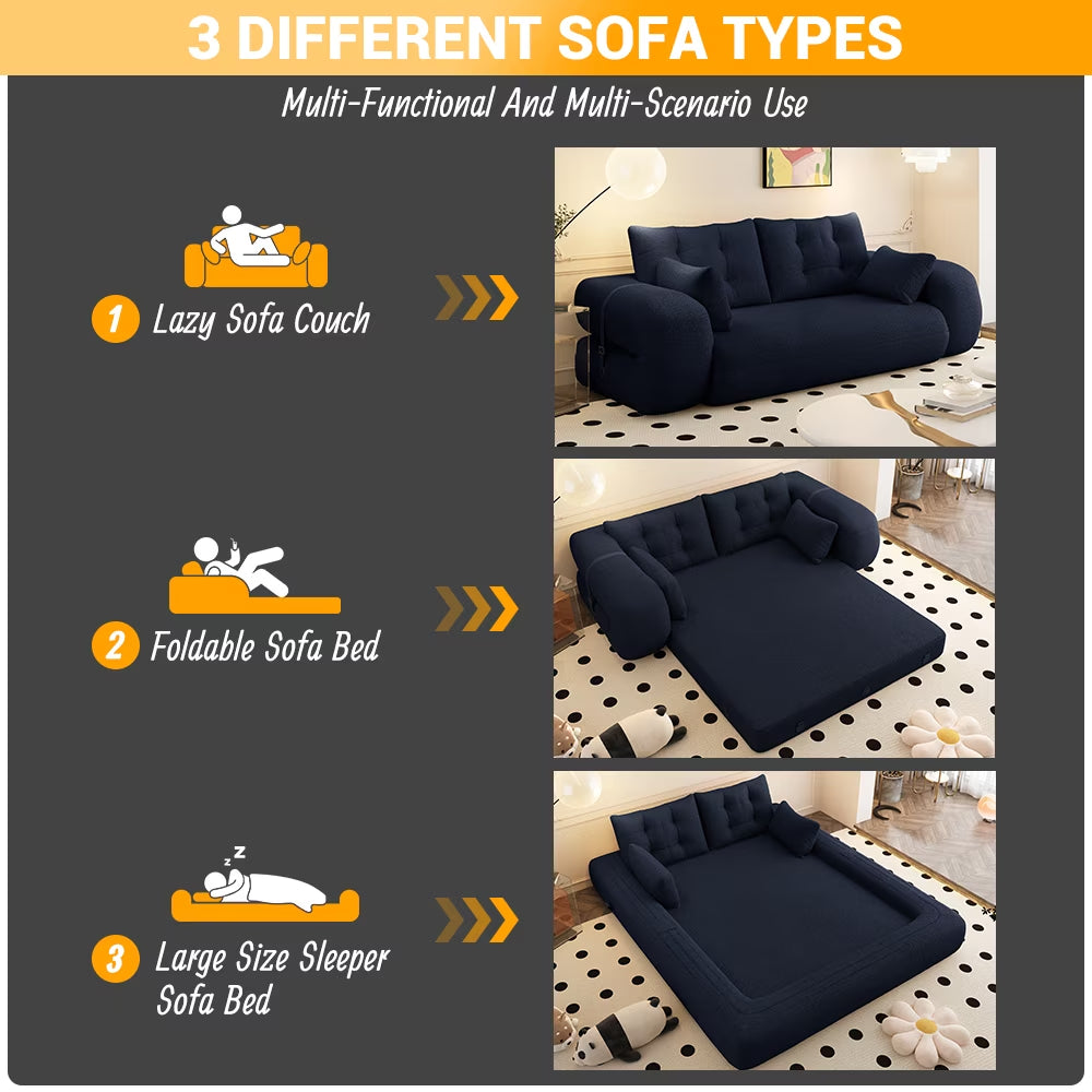 78.7" Folding Sofa Bed, Teddy Mattress Sofa, Floor Sofa Bed, Human Dog Bed, 3 in 1 Convertible Lazy Sleeper Sofa Couch, Blue