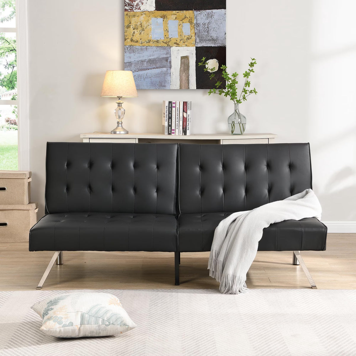 Modern Convertible Futon Sofa Bed, Adjustable Loveseat Futon Couch with Metal Legs, Upholstered Sofa Bed with Wood Frame, Sleeper Couches for Small Compact RV Living Room,Office (Black-Leather)