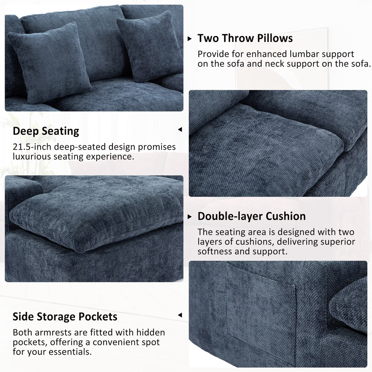 107.9" Upholstered Sectional Sofa,Cloud Sofa Couch with Double-Layer Cushion and Side Pockets,Compressed Sofa,Free-Combined Sectional Sofa for Living Room,Blue