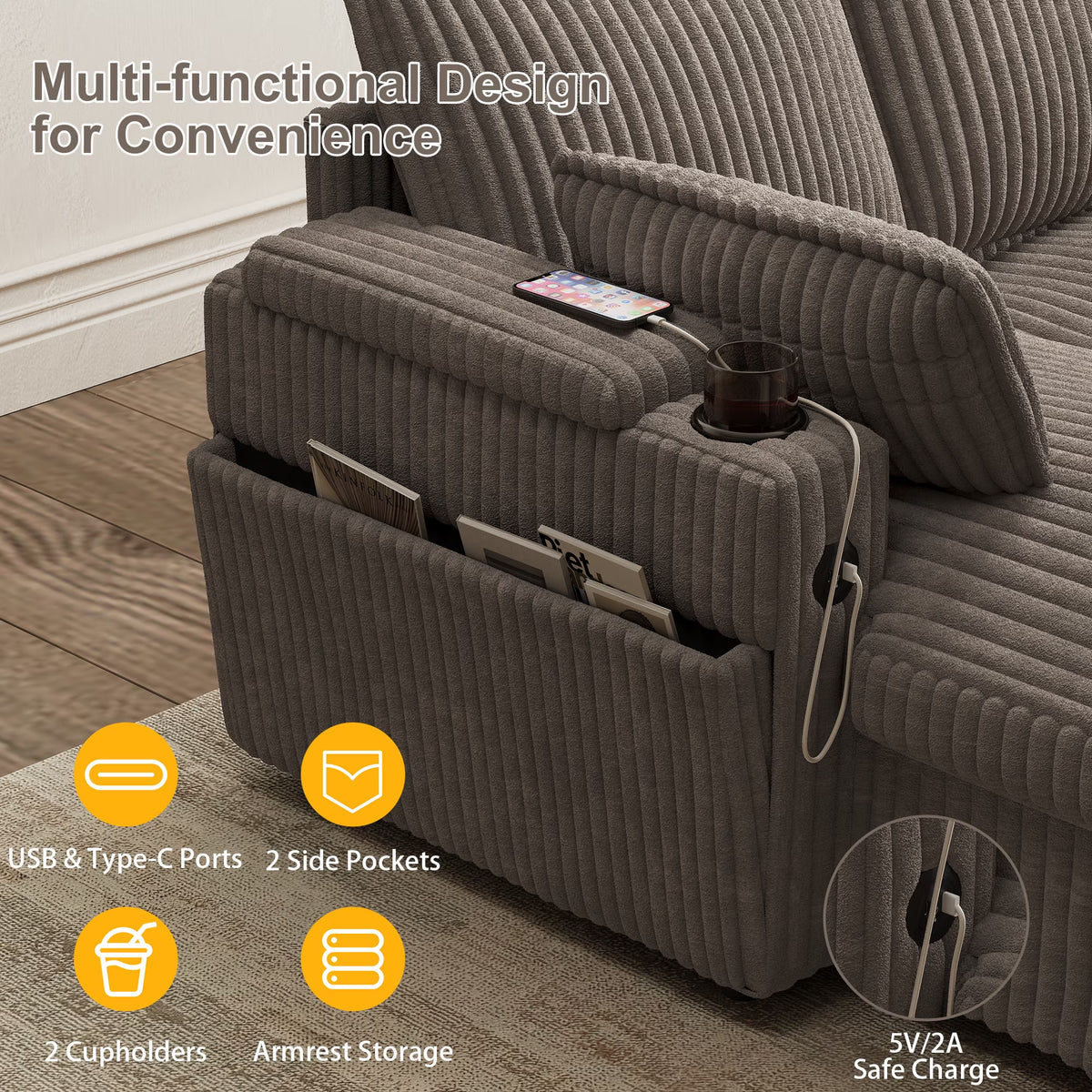 Modular Sectional Sofa,Modern Chenille U-Shaped Sofa Couch with Pull Out Bed,Storage Seat,Usb, Cup Holder,Side Pocket,Cloud Couch Bed for Living Room, Apartment,Brown
