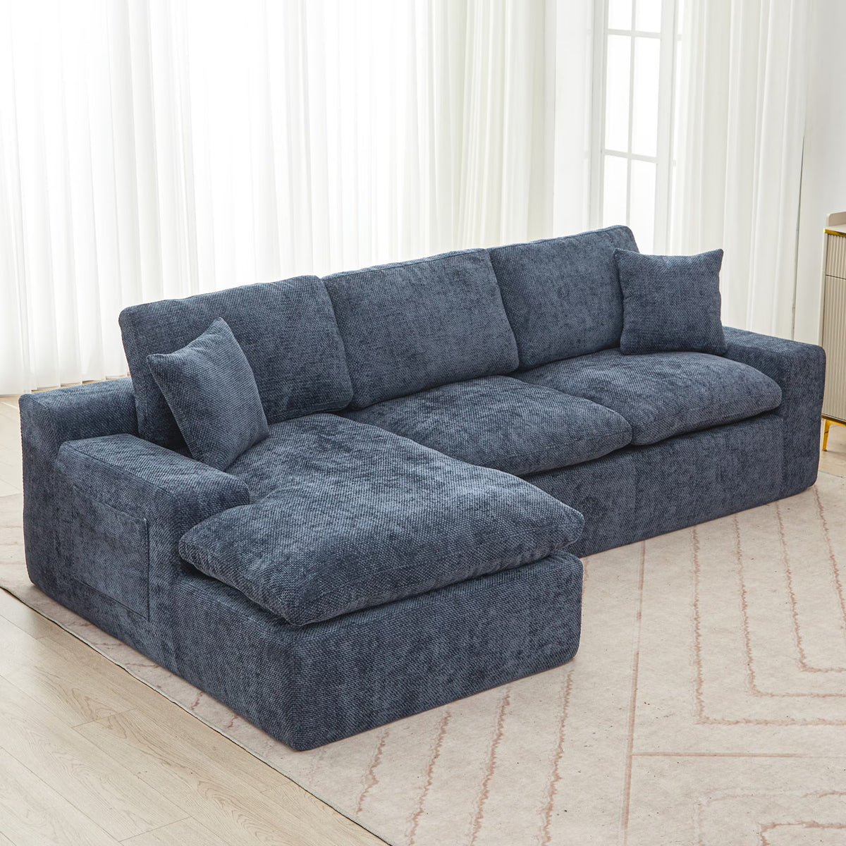 107.9" Upholstered Sectional Sofa,Cloud Sofa Couch with Double-Layer Cushion and Side Pockets,Compressed Sofa,Free-Combined Sectional Sofa for Living Room,Blue