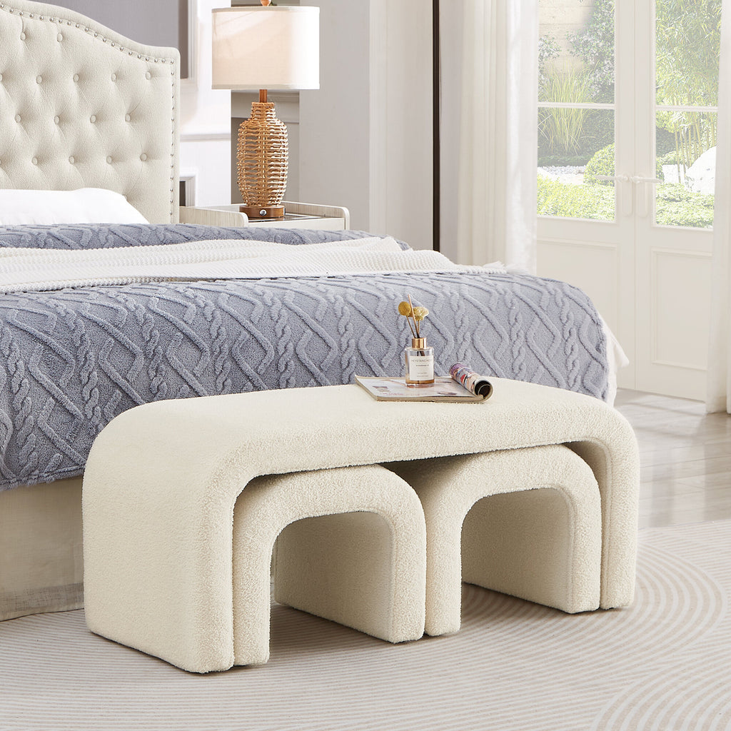 Storage Ottomans Set of 3 U-Shaped Modern Bench Teddy Ottoman Bench for Entryway, Bedroom End of Bed, Set of 3 Small Sofa Footrest Extra Seating for Living Room, 44+18 Inch Bench Bench & Ottoman- Cr