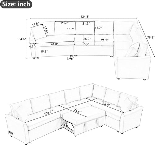 124.8"L-Shaped Modular Sofa Convertible Sofa Bed Pull Out Sofa Sleeper Couch with Two Back Pillows, Two USB Ports and Two Power Sockets for Living Room