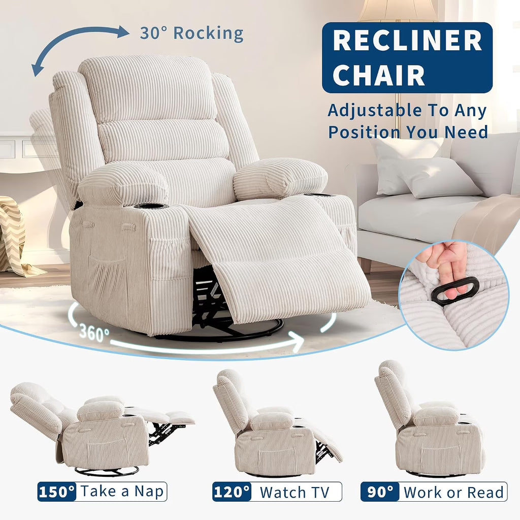 Manual Swivel Rocker Recliner Chair with Headrest- Metal Frame Sponge Padded Leisure Sofa- Corduroy Upholstery- Beige- 54Cm Seat Width