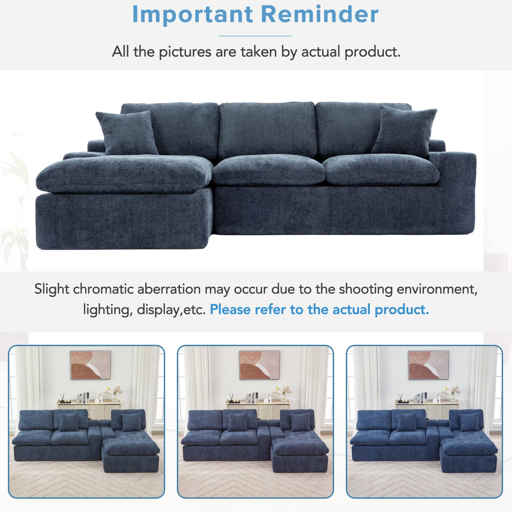 107.9" Upholstered Sectional Sofa,Cloud Sofa Couch with Double-Layer Cushion and Side Pockets,Compressed Sofa,Free-Combined Sectional Sofa for Living Room,Blue