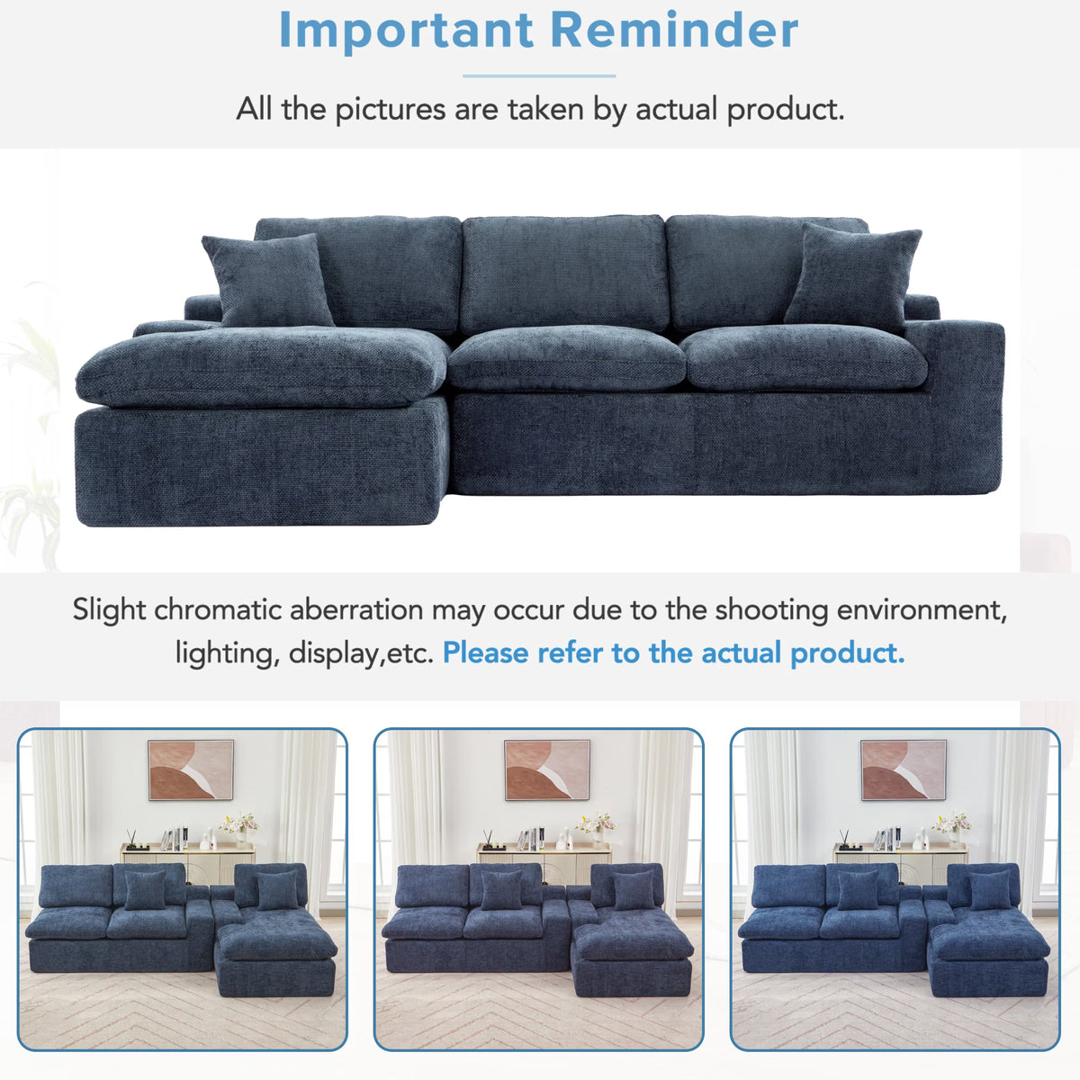 107.9" Upholstered Sectional Sofa,Cloud Sofa Couch with Double-Layer Cushion and Side Pockets,Compressed Sofa,Free-Combined Sectional Sofa for Living Room,Blue