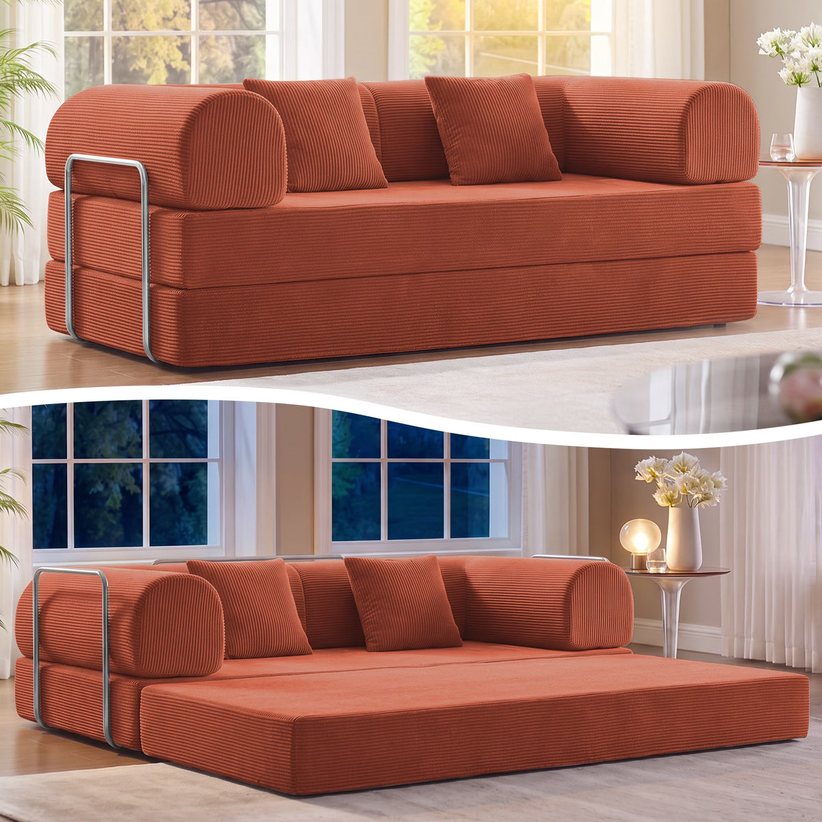 78.7" Convertible Boneless Sofa Bed, Folding Corduroy Sofa Couch, No Assembly Floor Sleeper Sofa Couch for Living Room, Pumpkin Brown