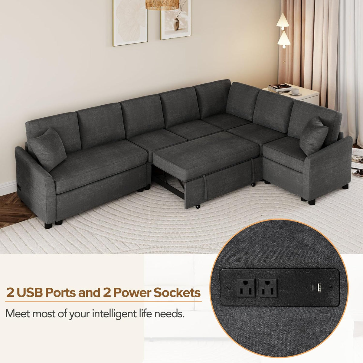 124.8"L-Shaped Modular Sofa Convertible Sofa Bed Pull Out Sofa Sleeper Couch with Two Back Pillows, Two USB Ports and Two Power Sockets for Living Room