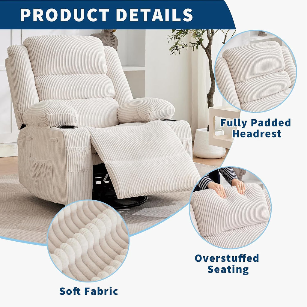 Manual Swivel Rocker Recliner Chair with Headrest- Metal Frame Sponge Padded Leisure Sofa- Corduroy Upholstery- Beige- 54Cm Seat Width