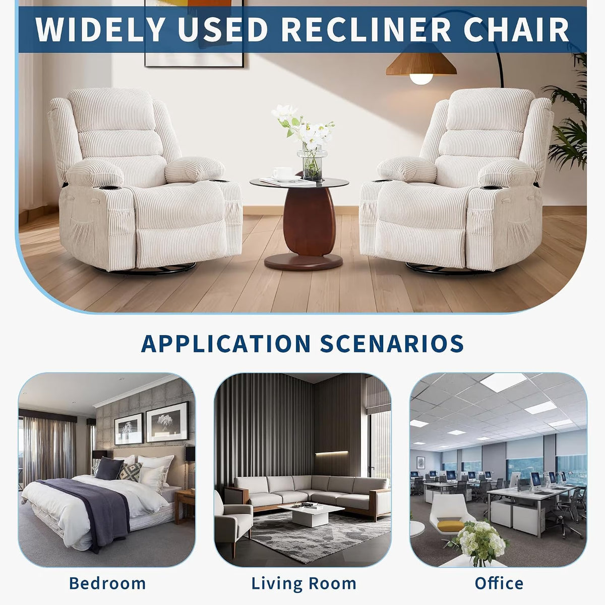 Manual Swivel Rocker Recliner Chair with Headrest- Metal Frame Sponge Padded Leisure Sofa- Corduroy Upholstery- Beige- 54Cm Seat Width
