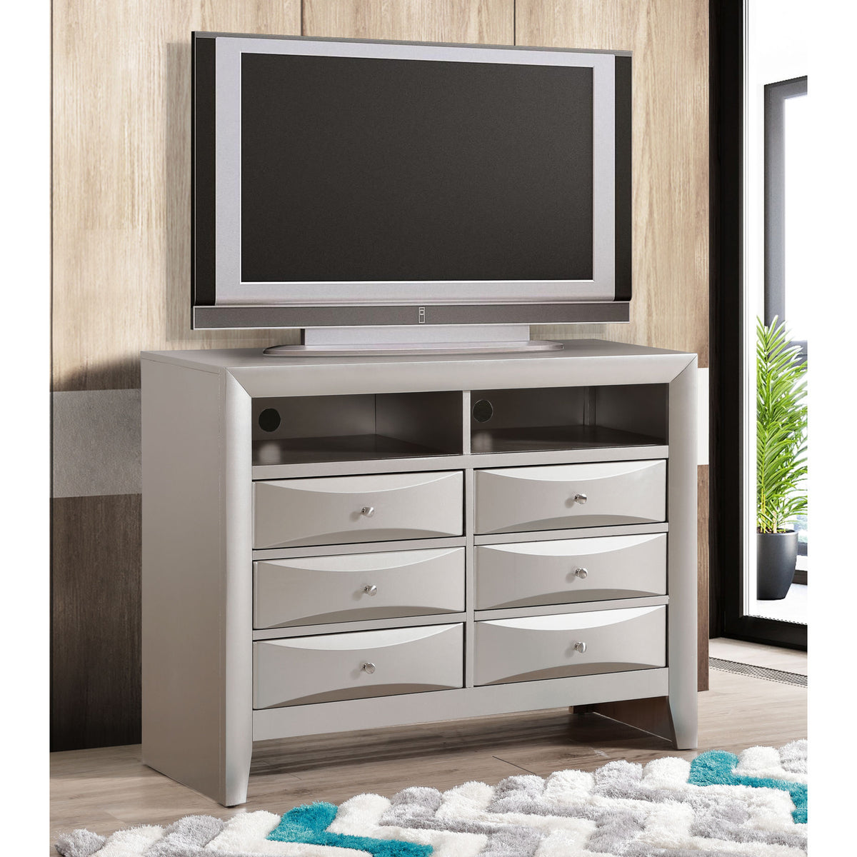 Molded Resin Beveled Fronts, Fully Assembled Feature - Bedroom Media Chest for Stable Storage